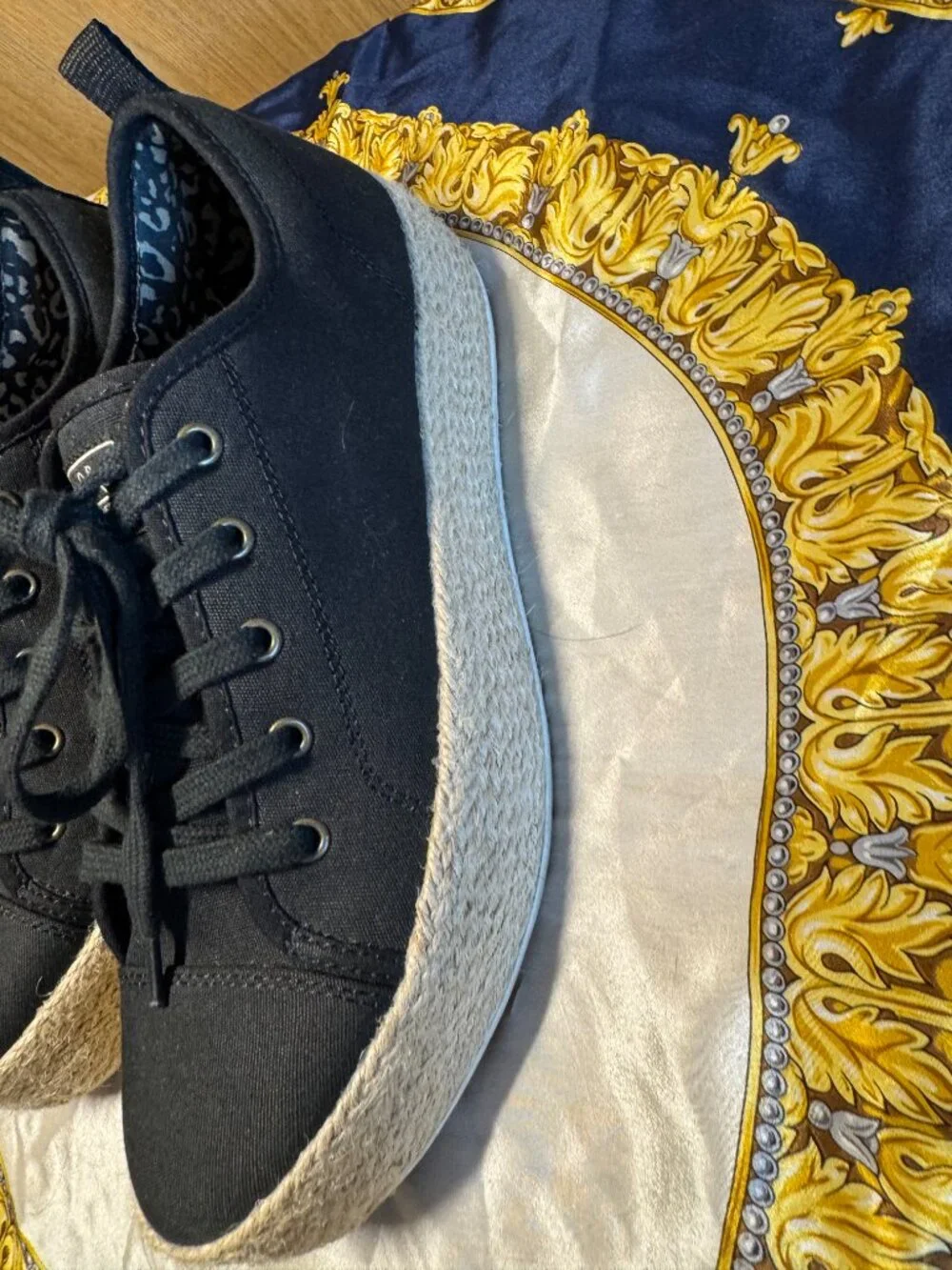 BOBS from Skechers Black Canvas Jute Platform Espadrille Sneakers Size 8